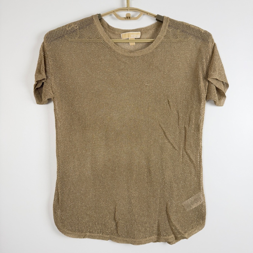 Michael Kors Womens Gold Metallic Shimmer Mesh Knit Short Sleeve Shirt Top Large